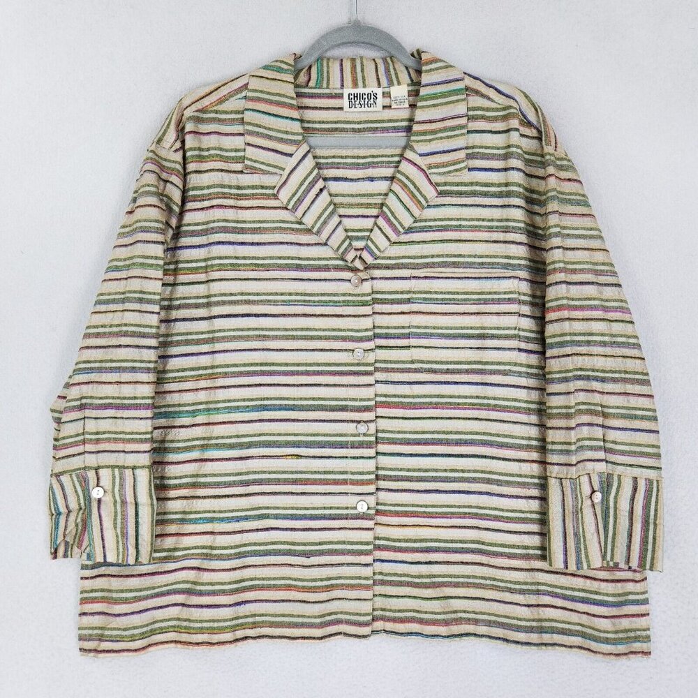 Chicos Shirt Womens 3 Green XL Colorful Striped Silk 3/4 Sleeve Button Front